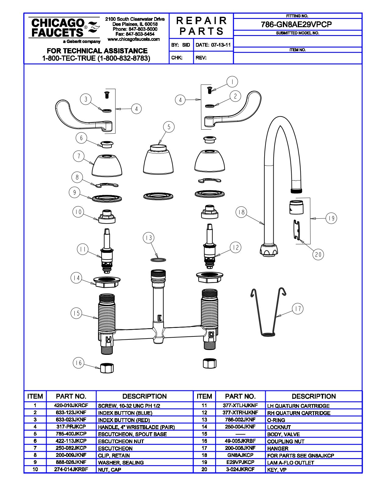 Chicago Faucet 786-GN8AE29VP Parts List