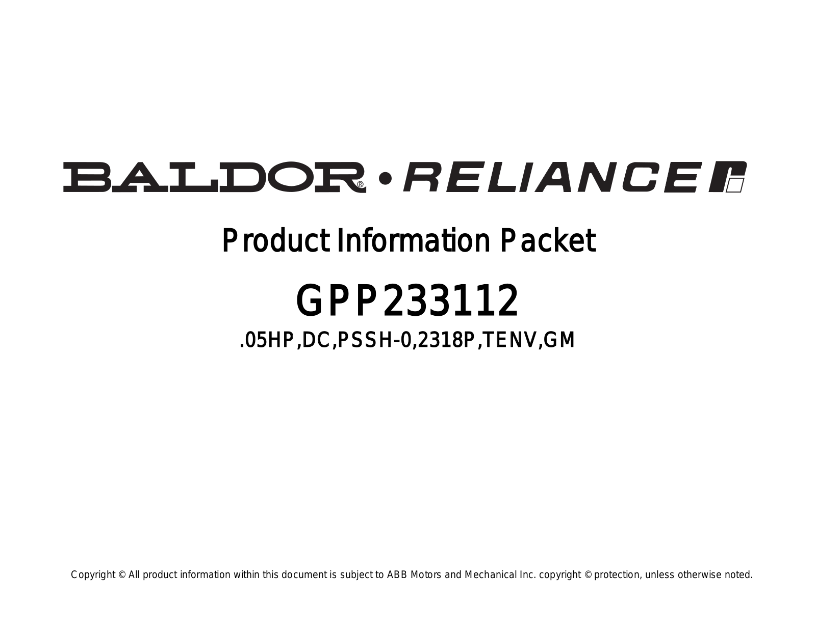 Baldor GPP233112 Product Information Sheet