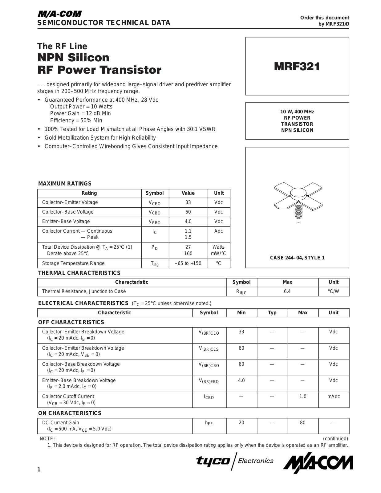 M A COM MRF321 Datasheet