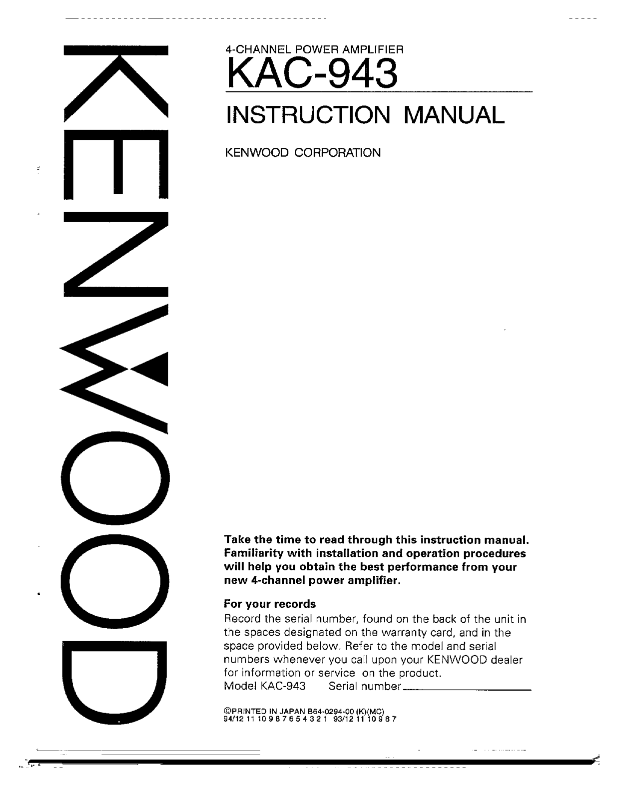 Kenwood KAC-943 Owner's Manual