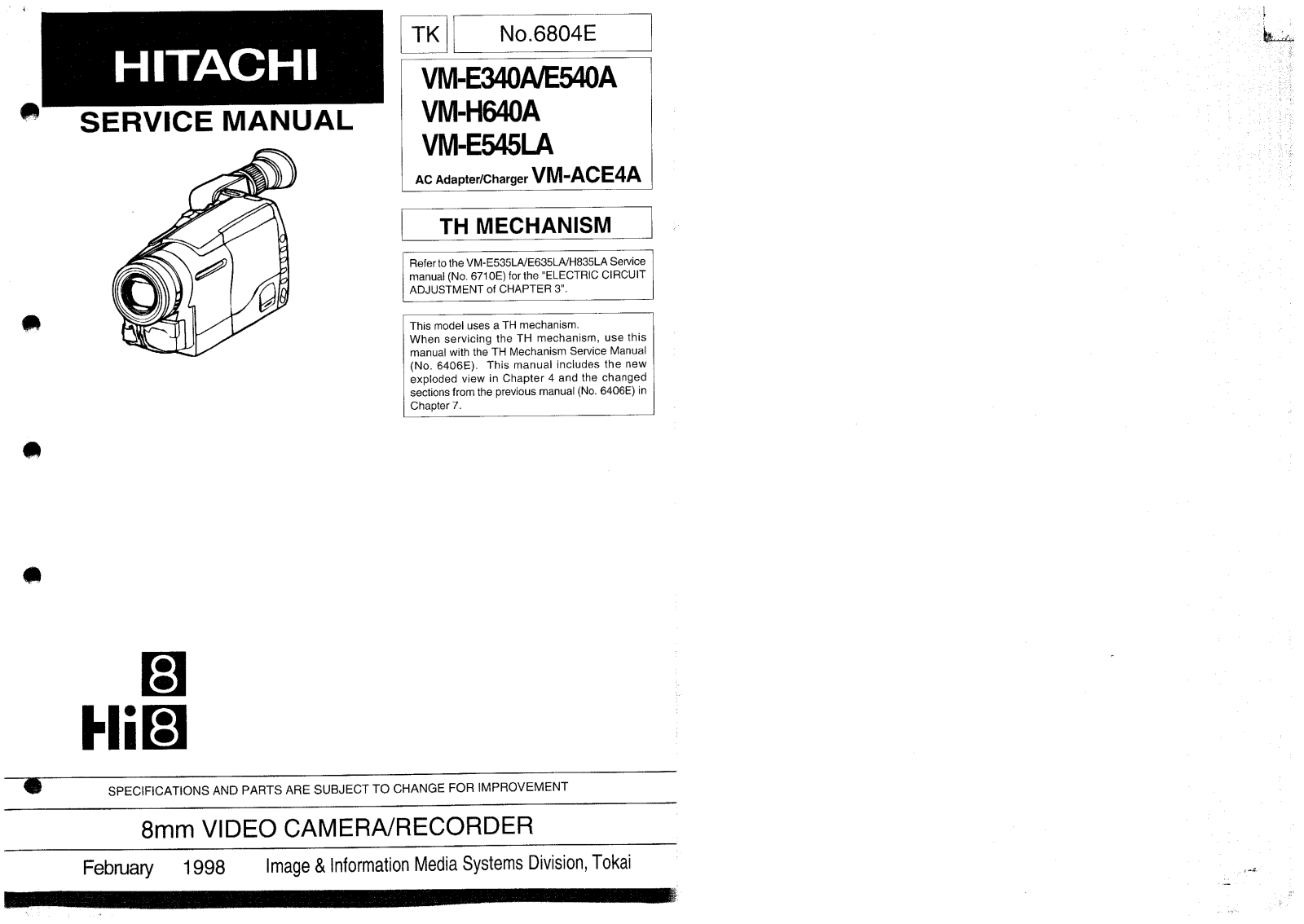 Hitachi VM-H640A, VM-E340LA, VM-E540LA, VM-E545LA Service Manual