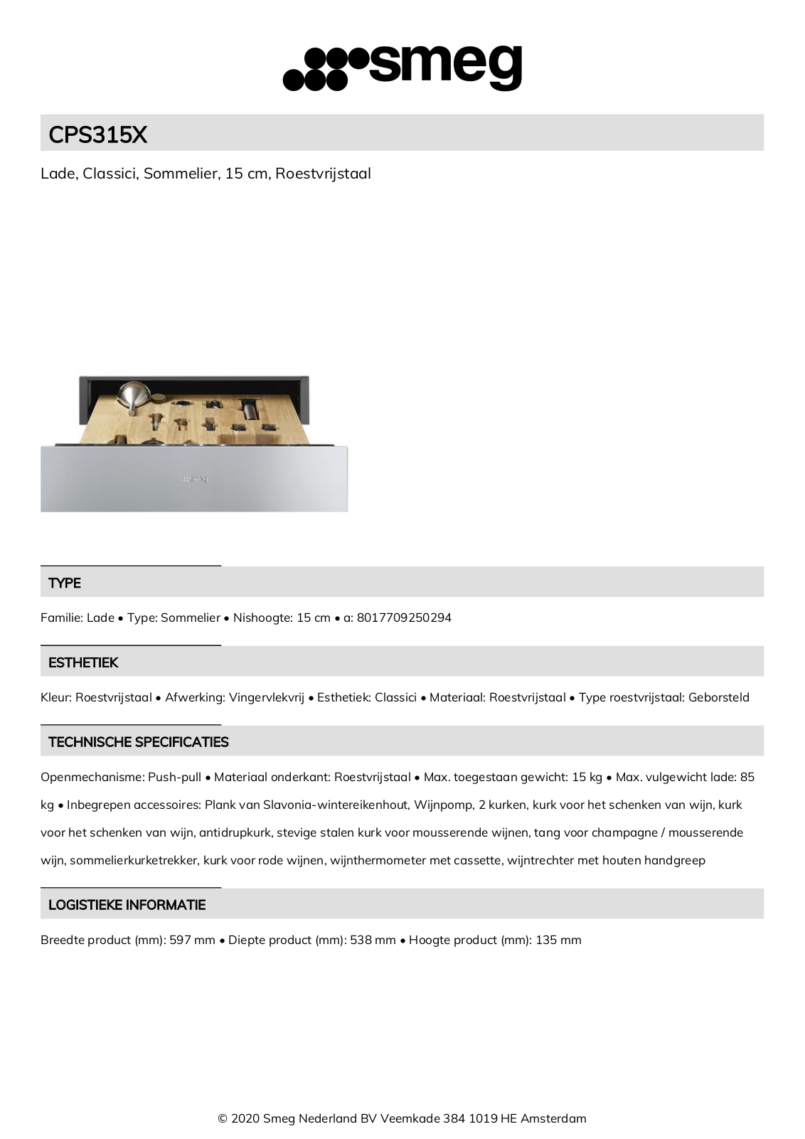 Smeg CPS315X Product Information Sheet