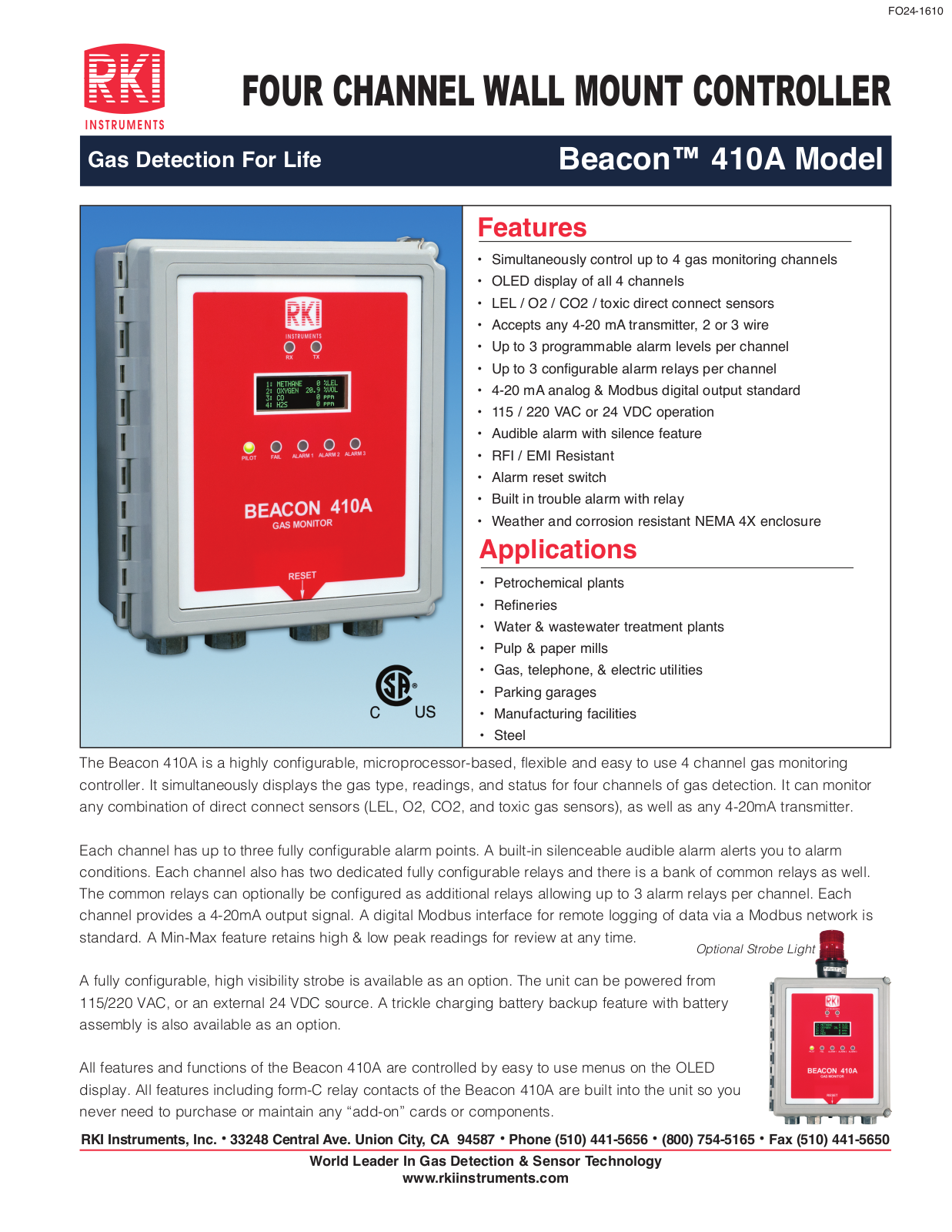 RKI Instruments Beacon 410A Specifications