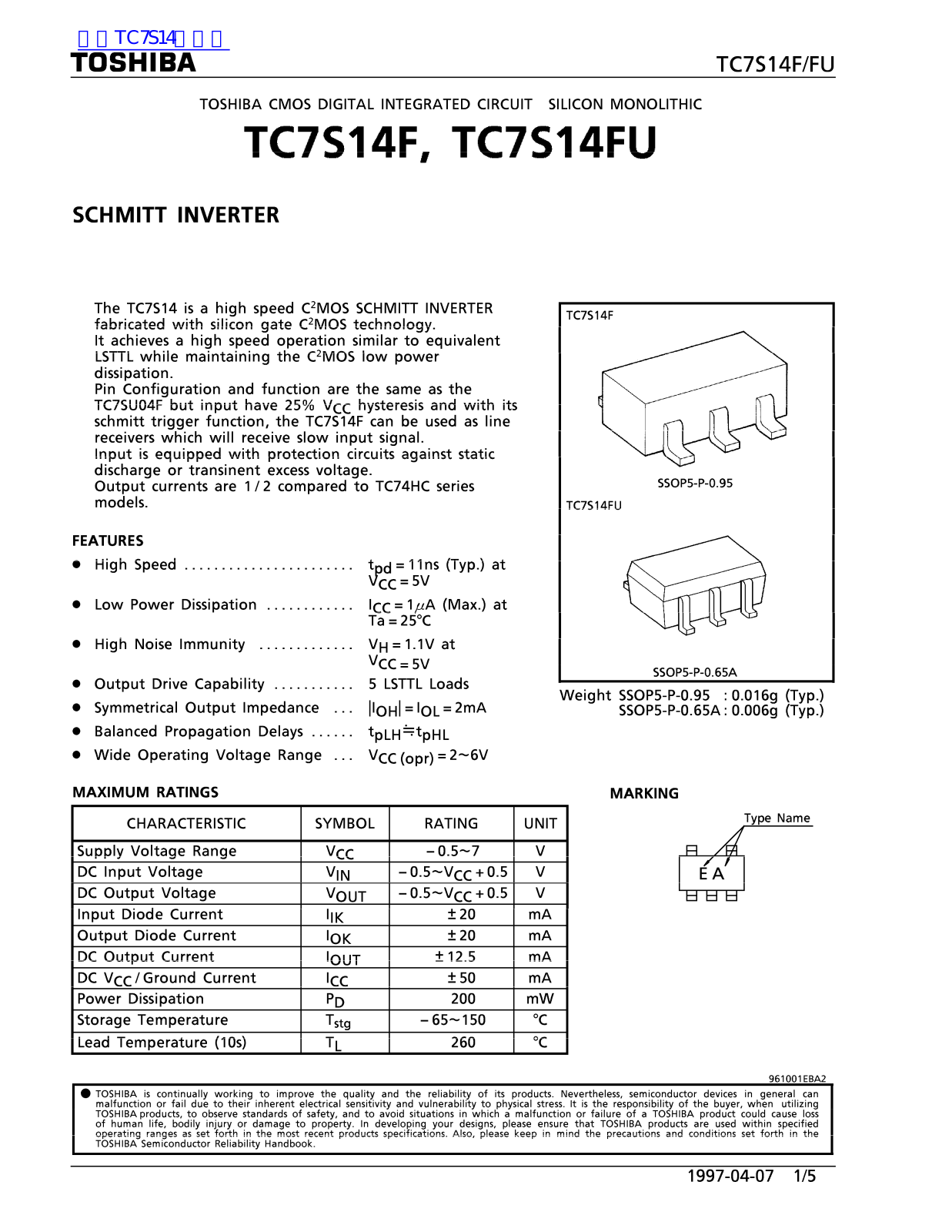 TOSHIBA TC7S14FU Technical data