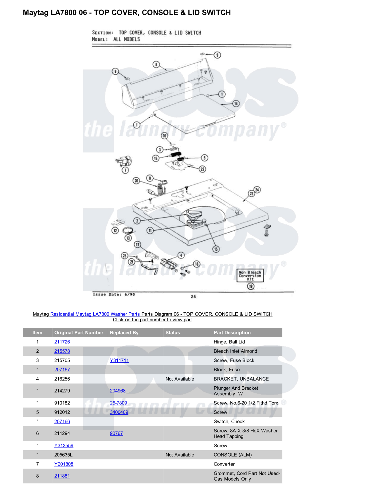 Maytag LA7800 Parts Diagram