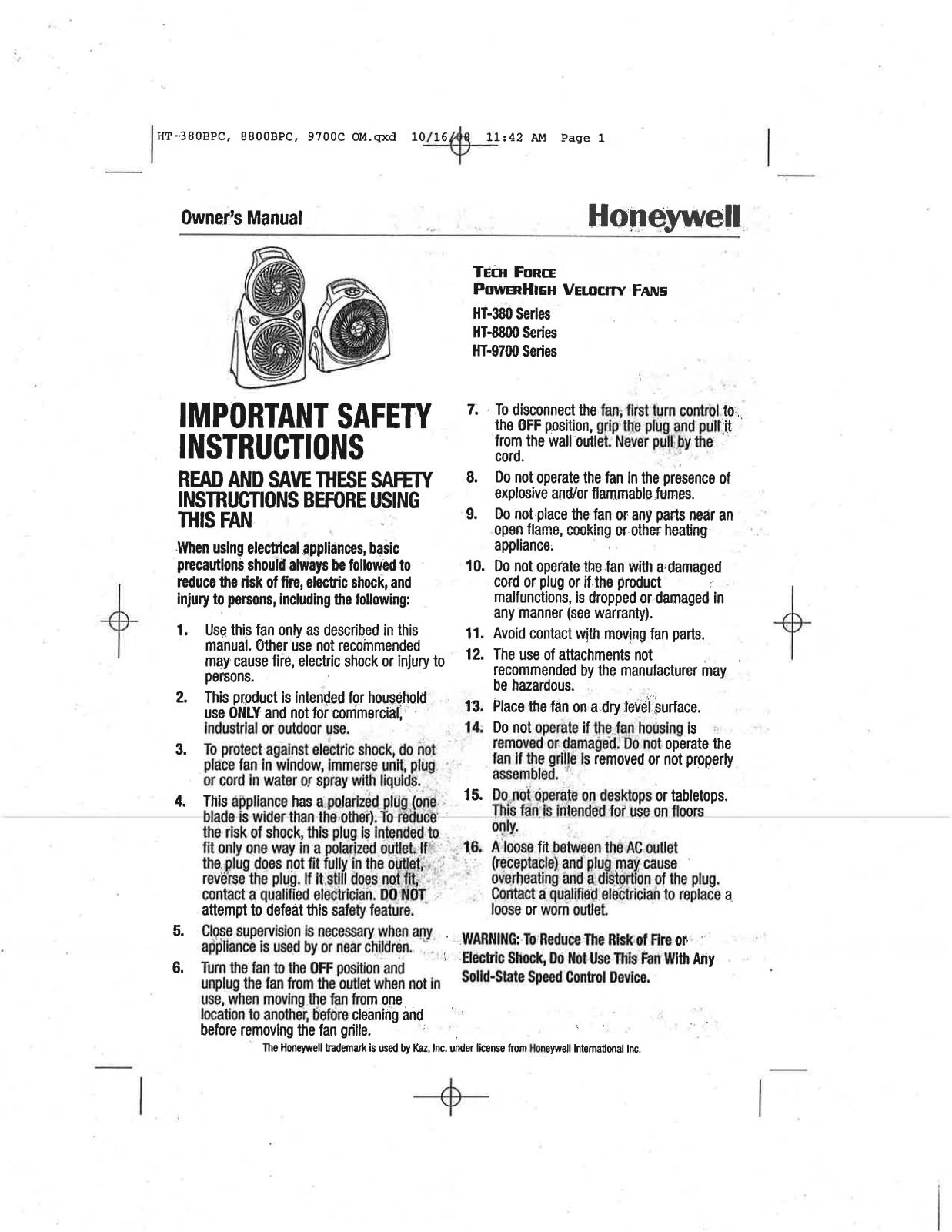 Honeywell HT9700 User Manual