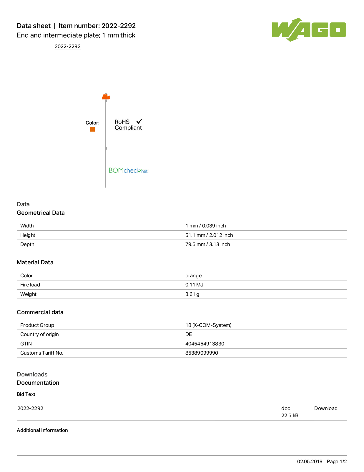 Wago 2022-2292 Data Sheet