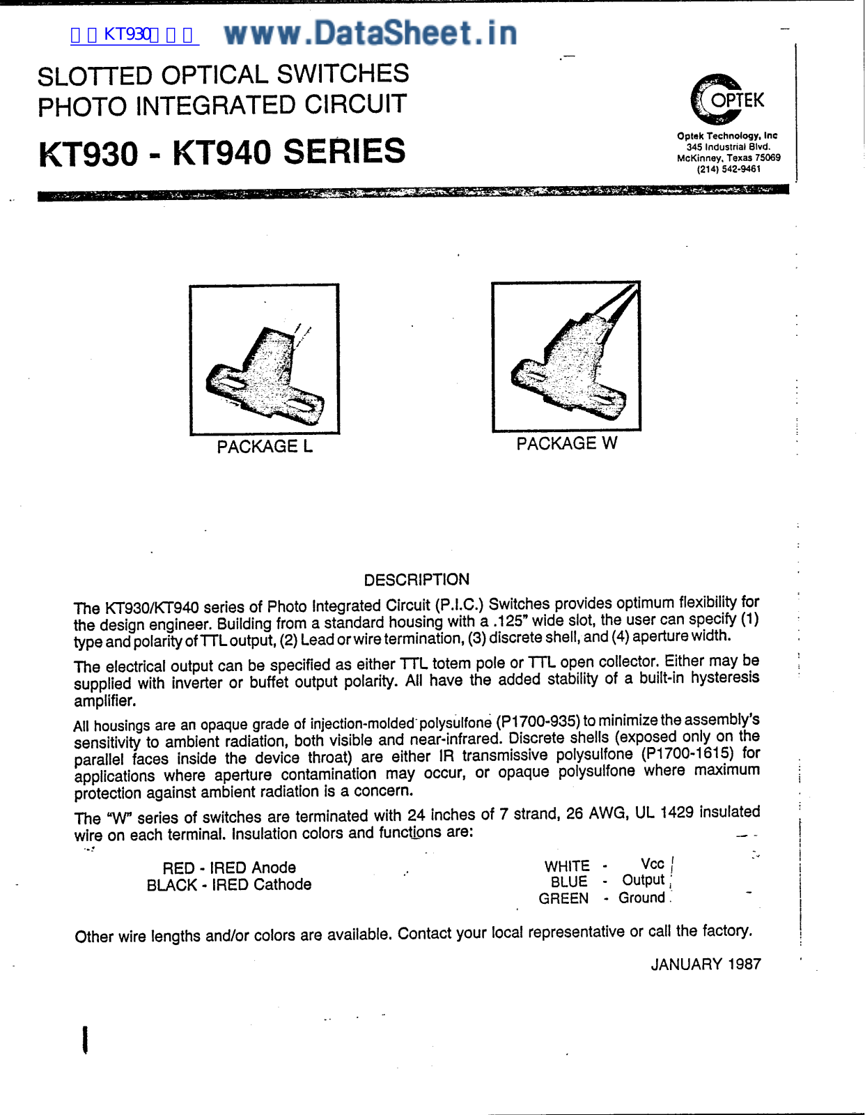 OPTEK KT930, KT940 DATA SHEET