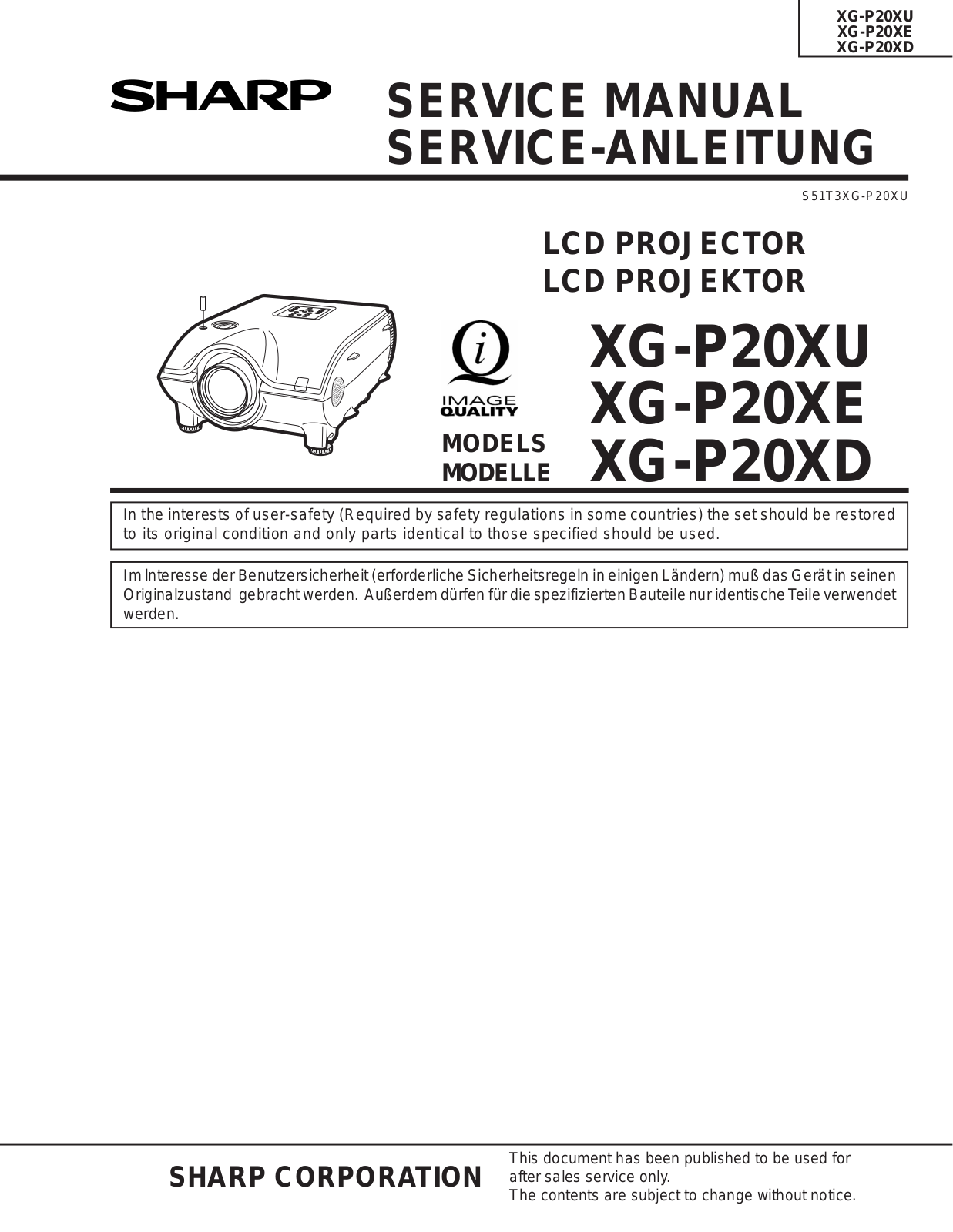 Sharp XG-P20XU, XG-P20XE, XG-P20XD Service Manual