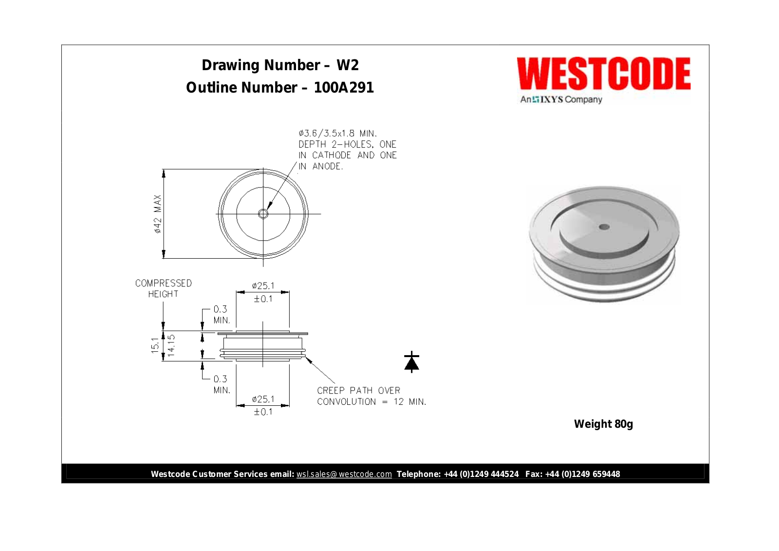 Westcode Semiconductors W2 100A291 Dimensional Sheet