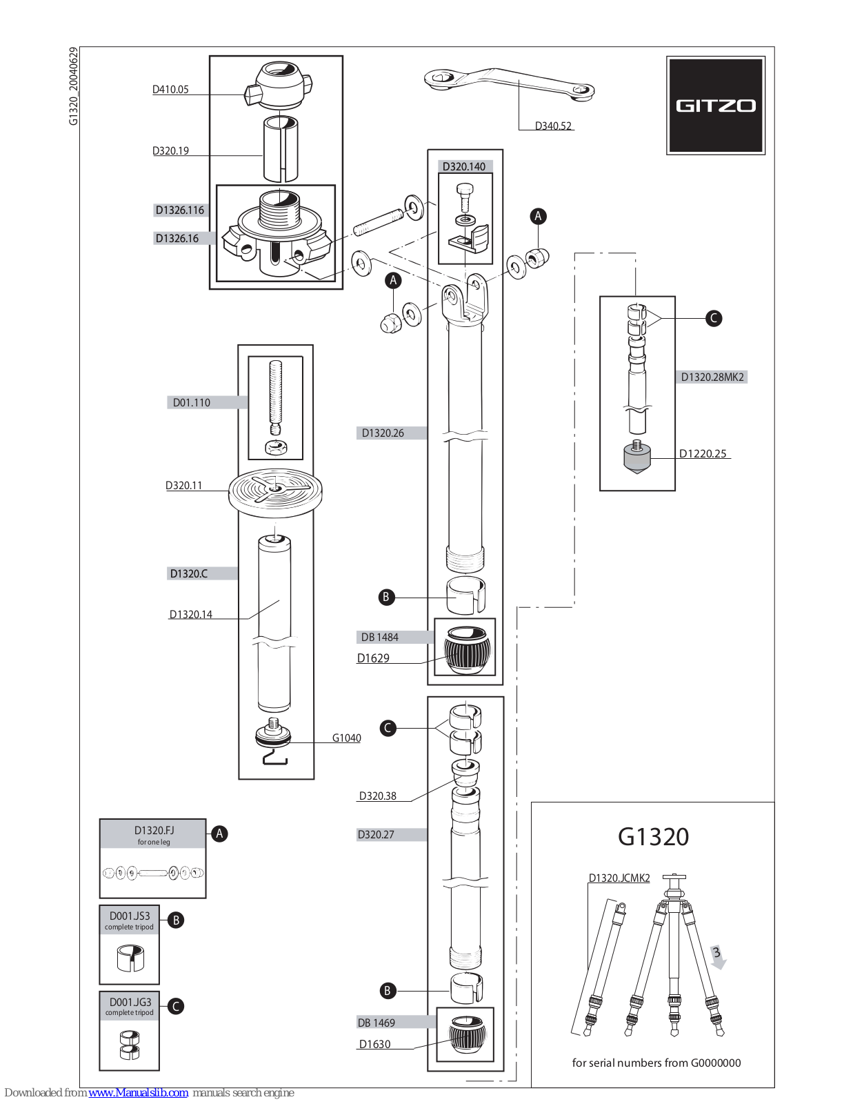 Gitzo Classic Studex Mk2 G1320 G1320 Parts List