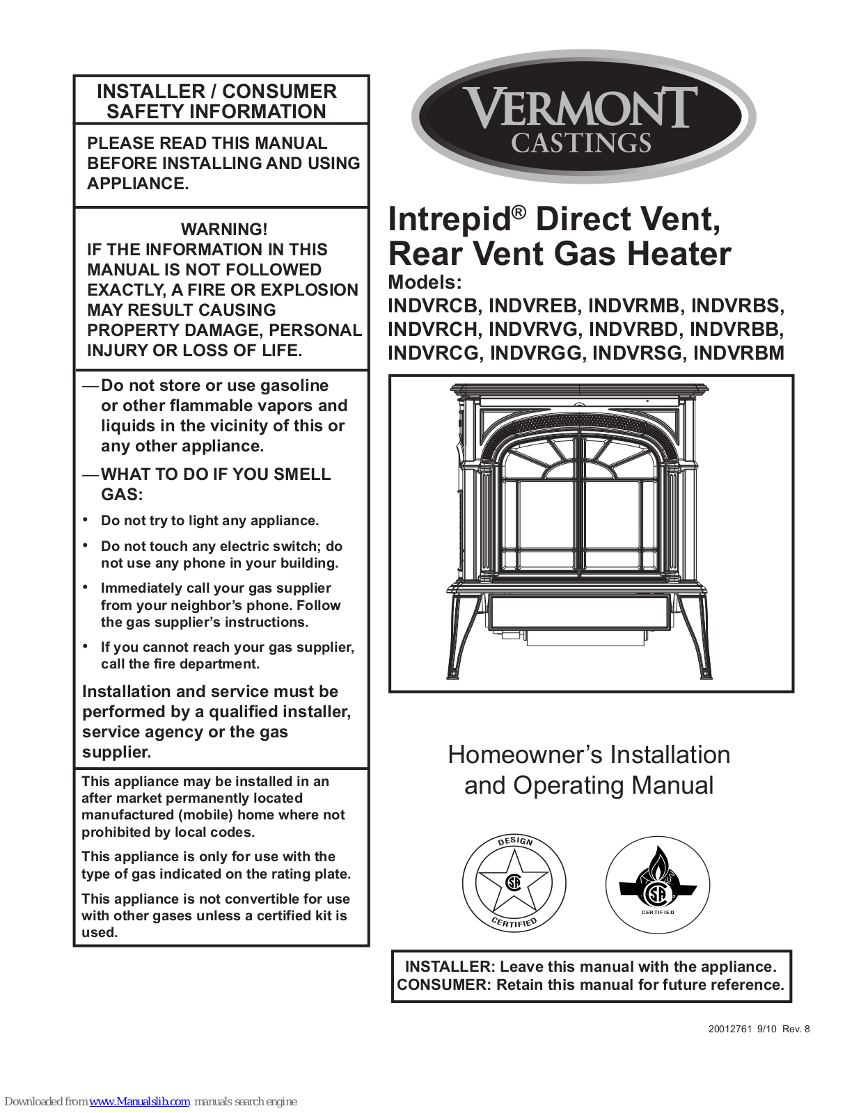 Vermont Castings Intrepid INDVREB, Intrepid INDVRBB, Intrepid INDVRCG, Intrepid INDVRMB, Intrepid INDVRBS Homeowner's Installation And Operating Manual