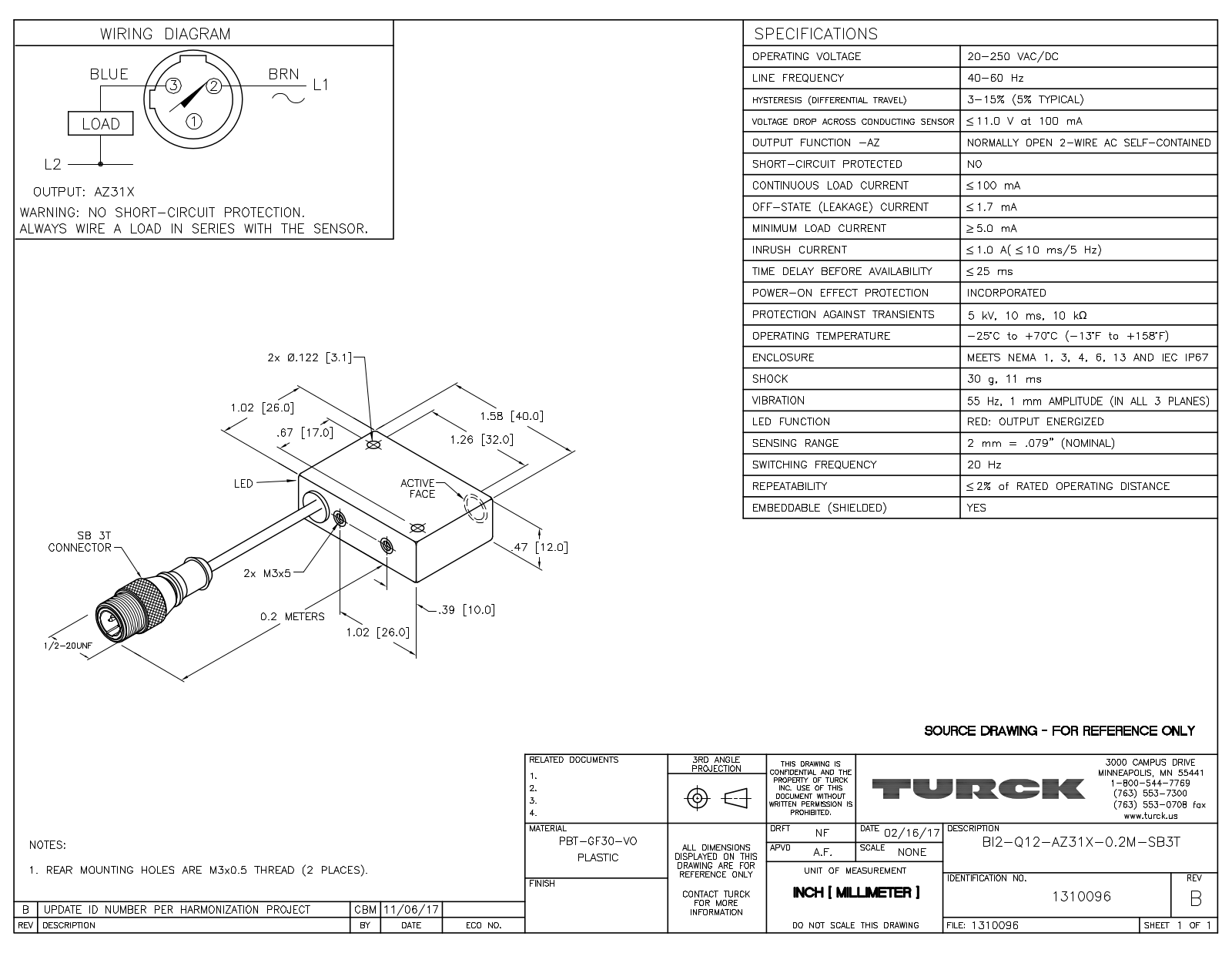 Turck BI2-Q12-AZ31X-0.2-SB3T Data Sheet