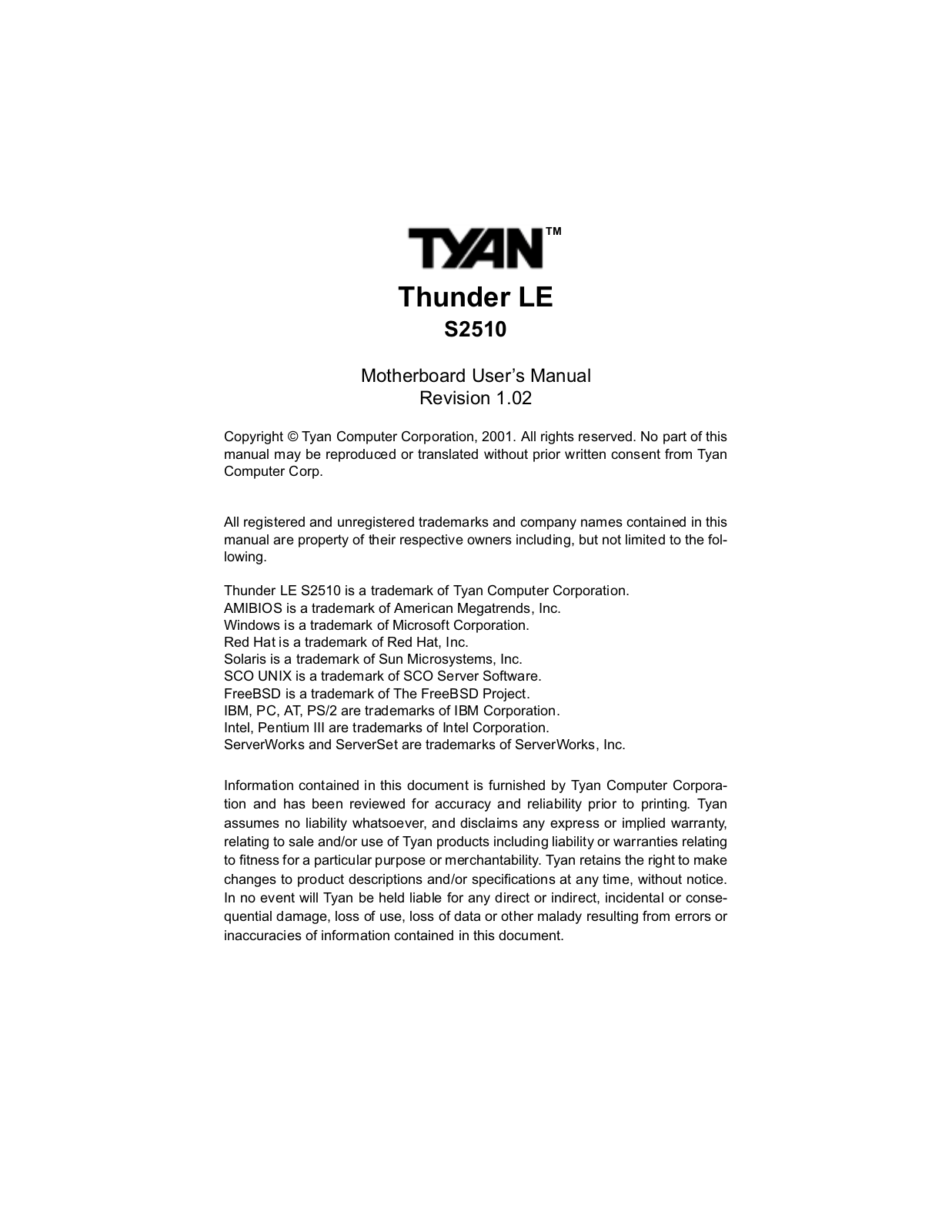 Tyan THUNDER LE User Manual