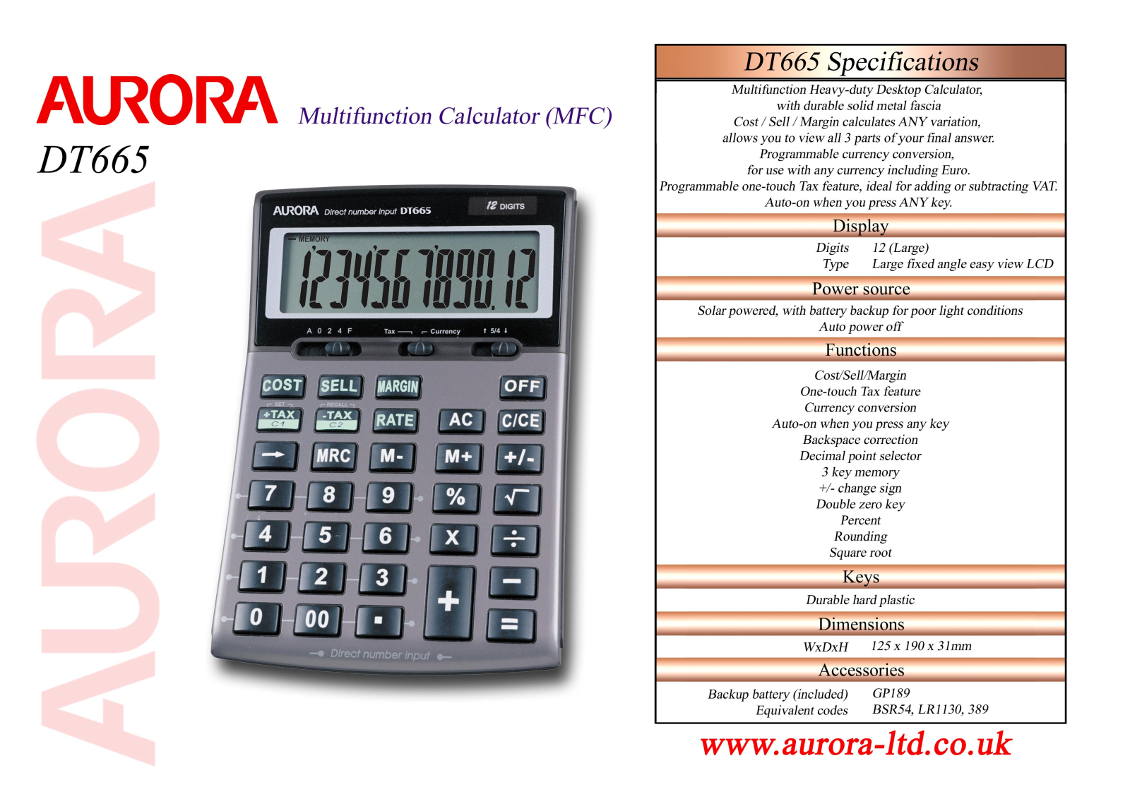 Aurora DT665 Specifications - ManualMachine.com