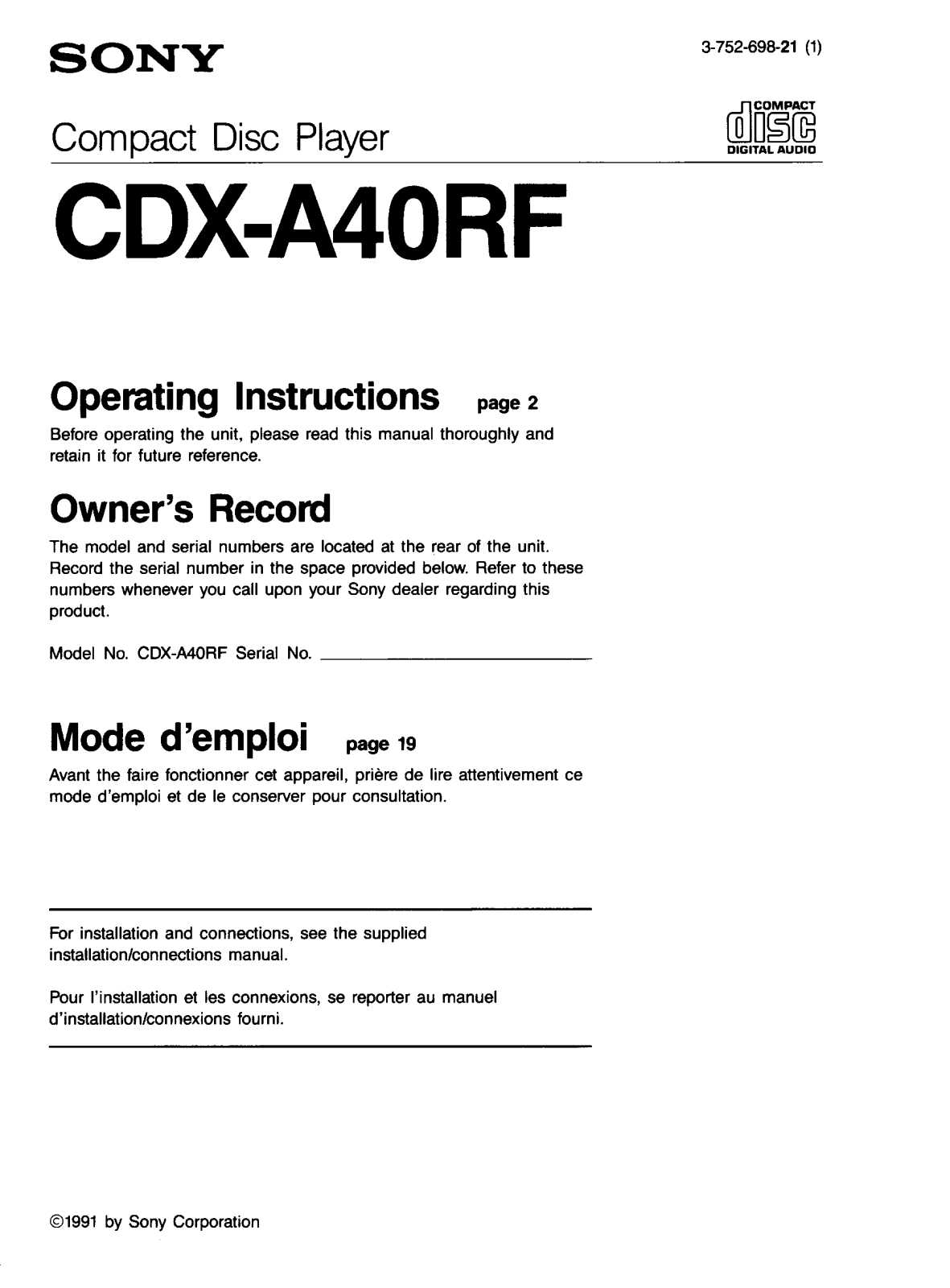 Sony CD-XA40RF User Manual