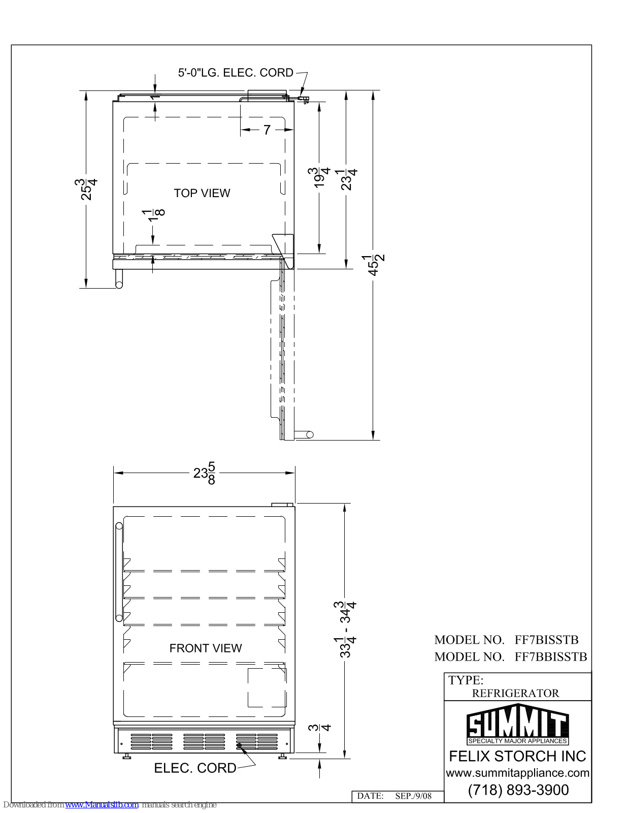 Summit FF7BBISSTB, FF7BISSTB Dimensional Drawing - ManualMachine.com
