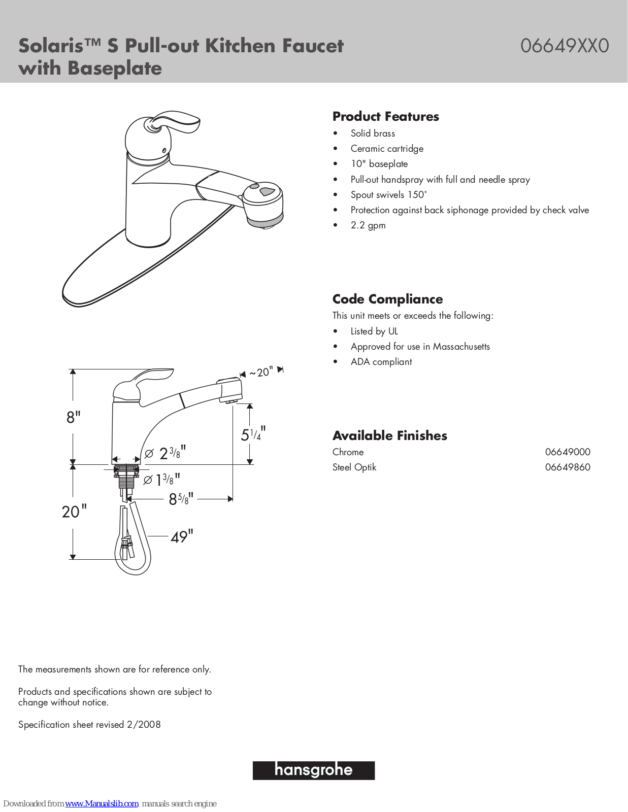 Hansgrohe 6649000, 6649860 Specification Sheet