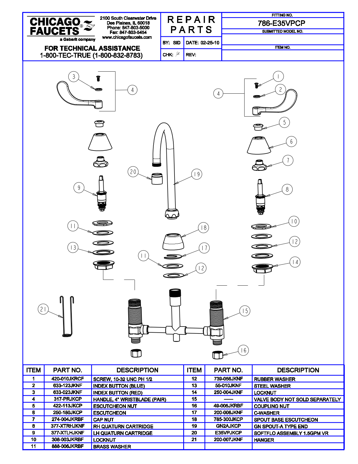 Chicago Faucet 786-E35VPCP Parts List