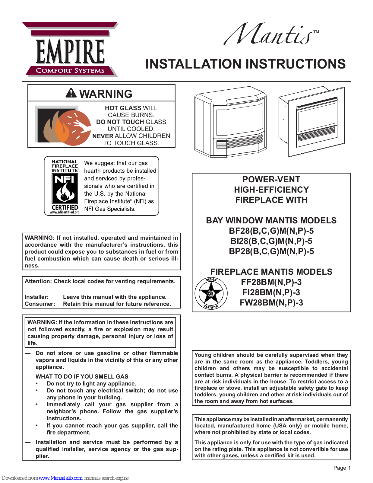 Empire Comfort Systems FF28BMN-3, FI28BMN-3, FW28BMN-3, FF28BMP-3, FI28BMP-3 Installation Instructions Manual