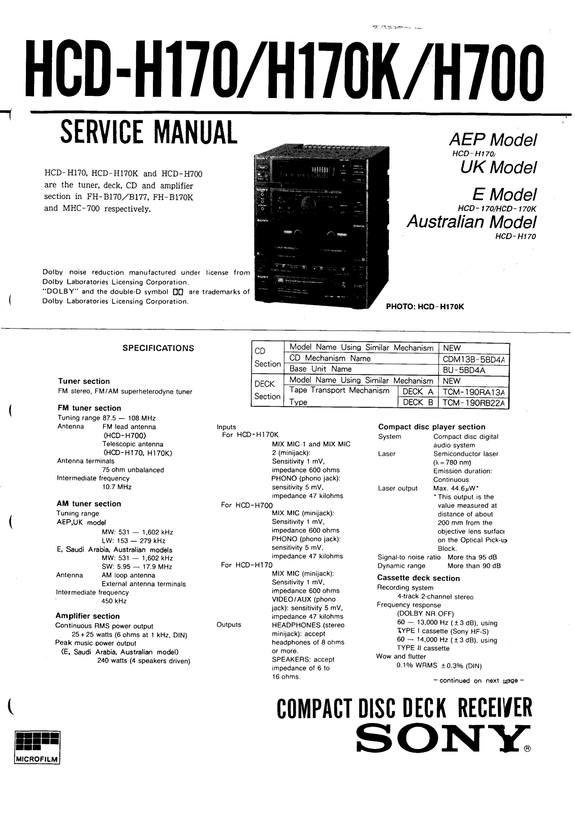 Sony FH-B170 User Manual