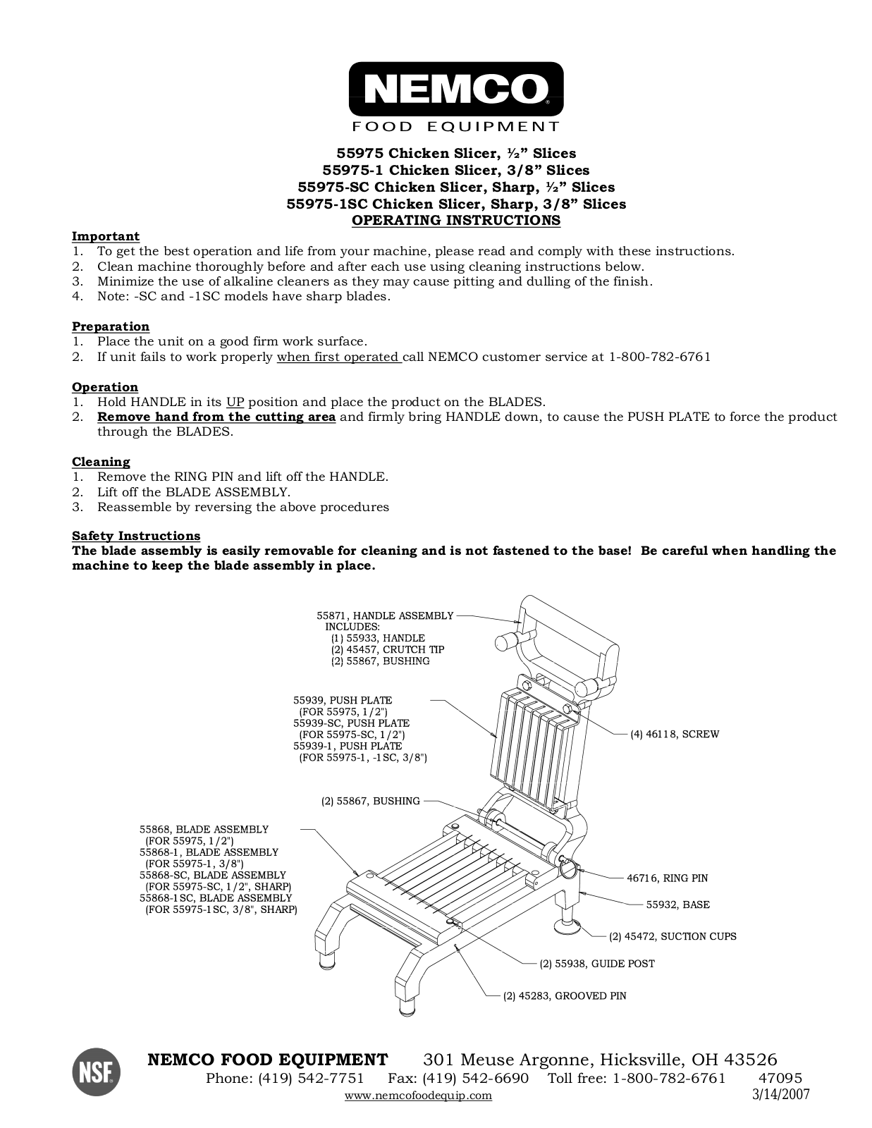 Nemco 55975 Parts List