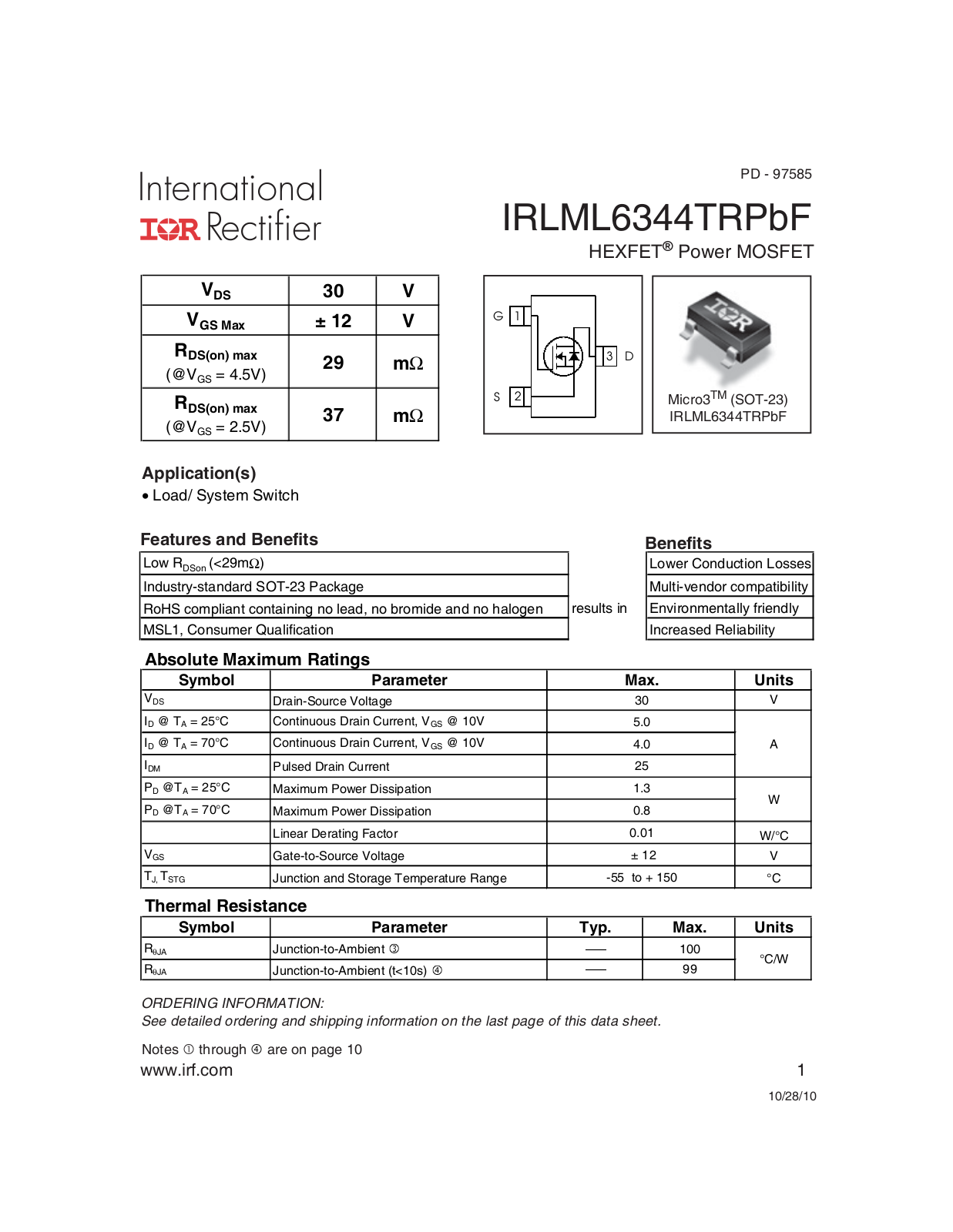 Datasheet IRLML 6344 Datasheet - ManualMachine.com