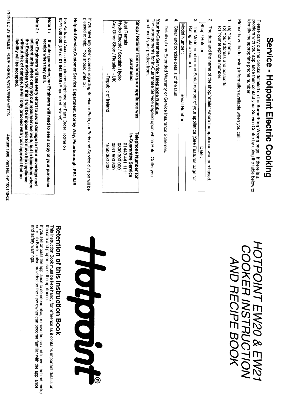 Hotpoint EW20 User Manual