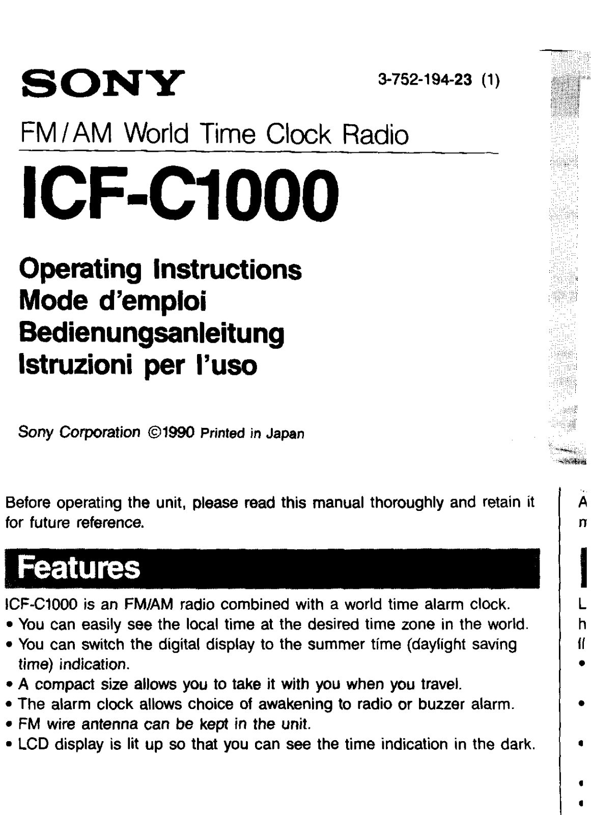 Sony ICF-C1000 Operating Instructions