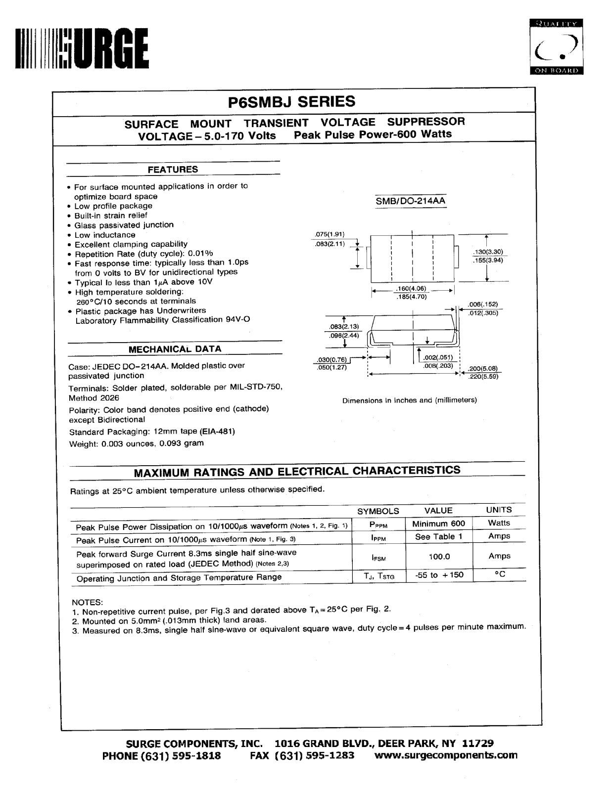 SURGE P6SMBJ10, P6SMBJ100CA, P6SMBJ10A, P6SMBJ10C, P6SMBJ100A Datasheet