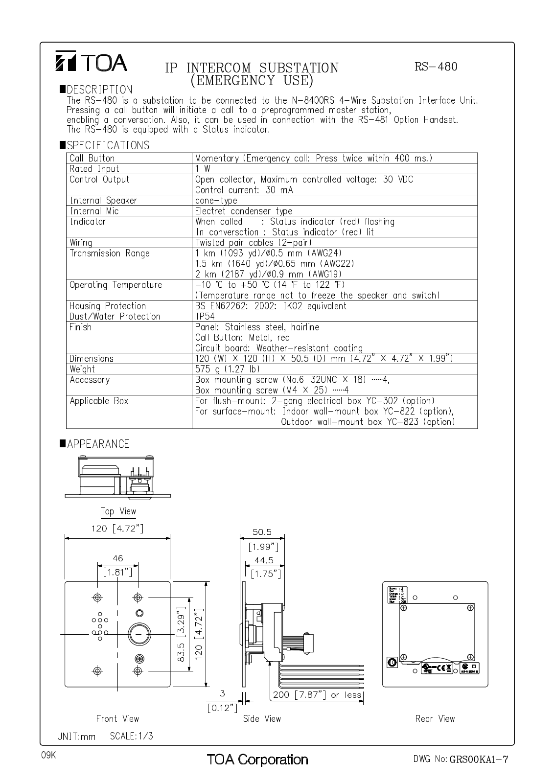 TOA RS-480 User Manual