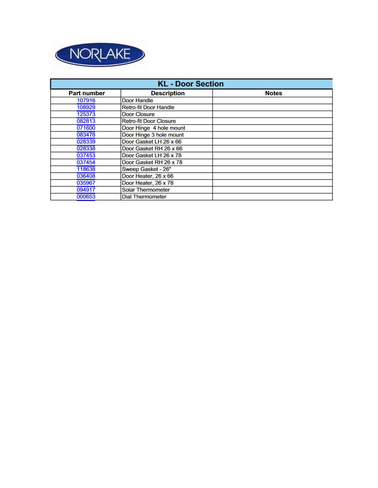 Norlake KL7766, KL7466, KL7468 Parts List