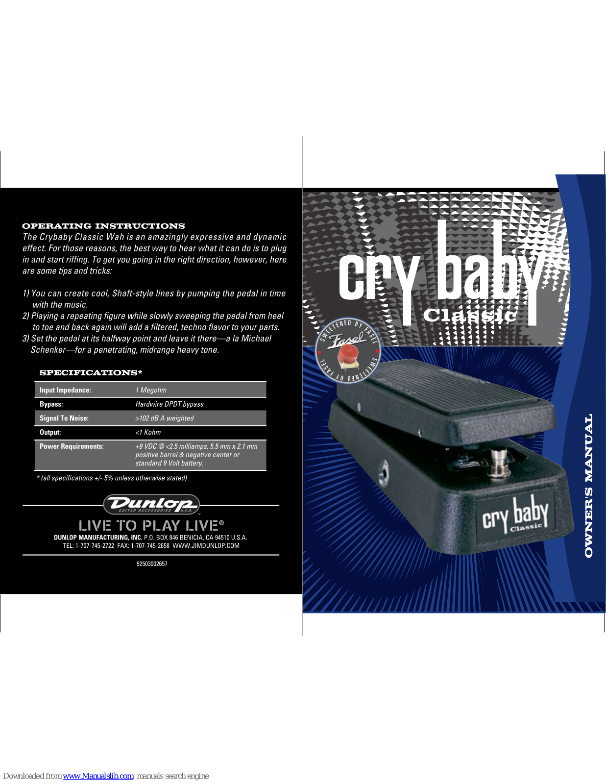 Dunlop Cry baby Classic Owner's Manual