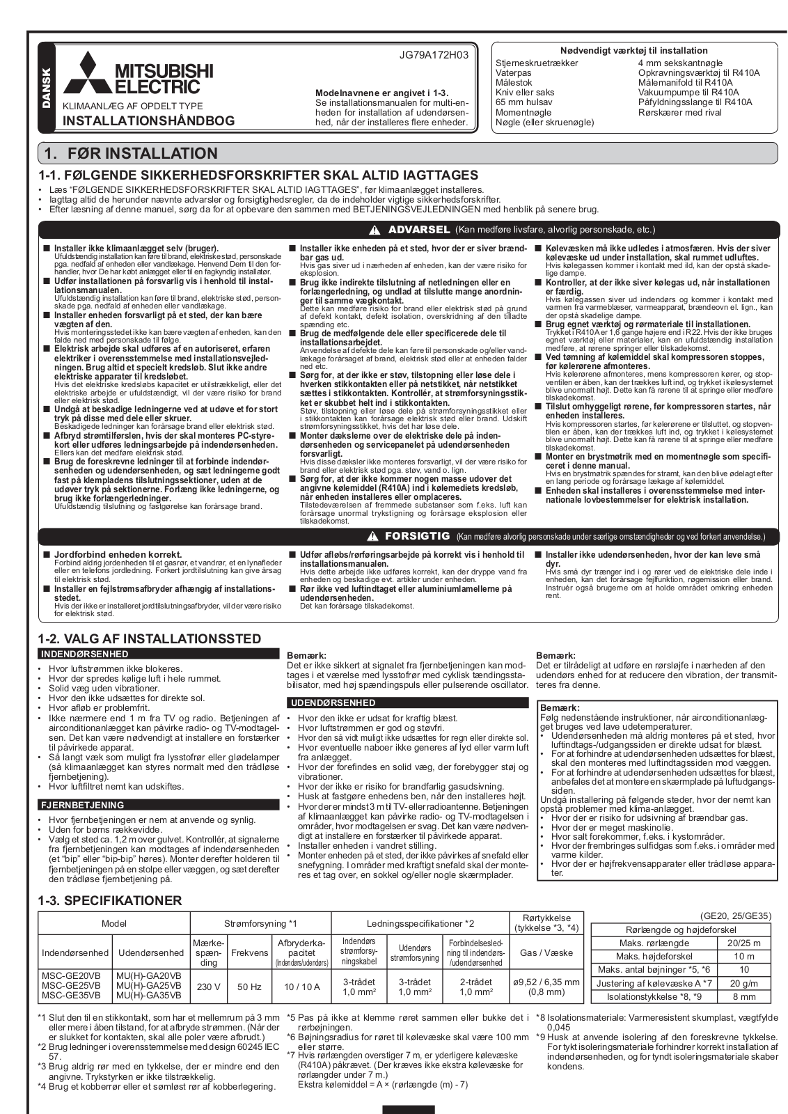 Mitsubishi JG79A172H03 INSTALLATION MANUAL