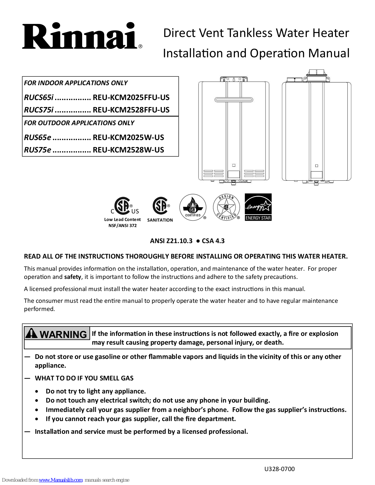 Rinnai RUCS65i series, RUS65e series, RUS75e series, RUCS75i series Installation And Operation Manual