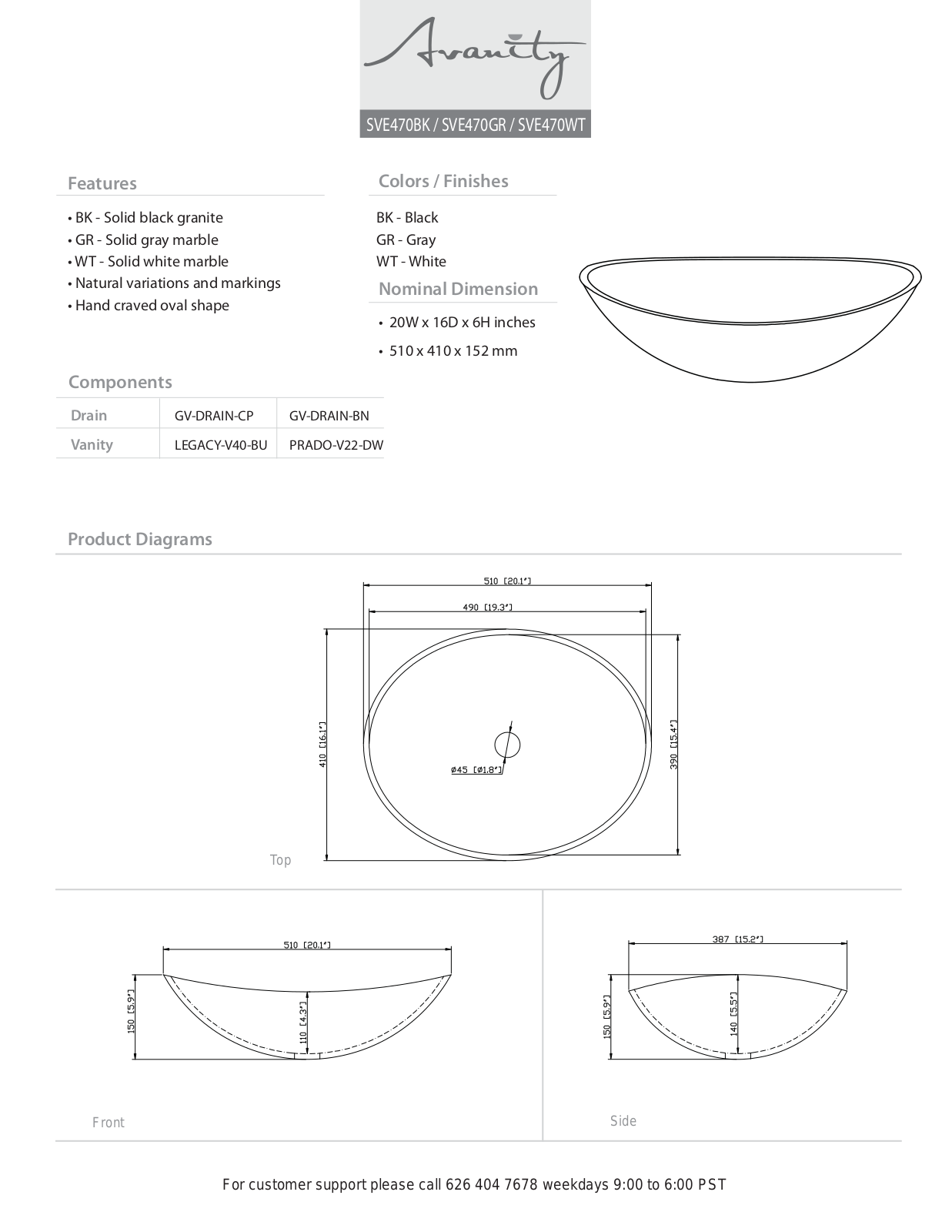 Avanity SVE470BK Specifications