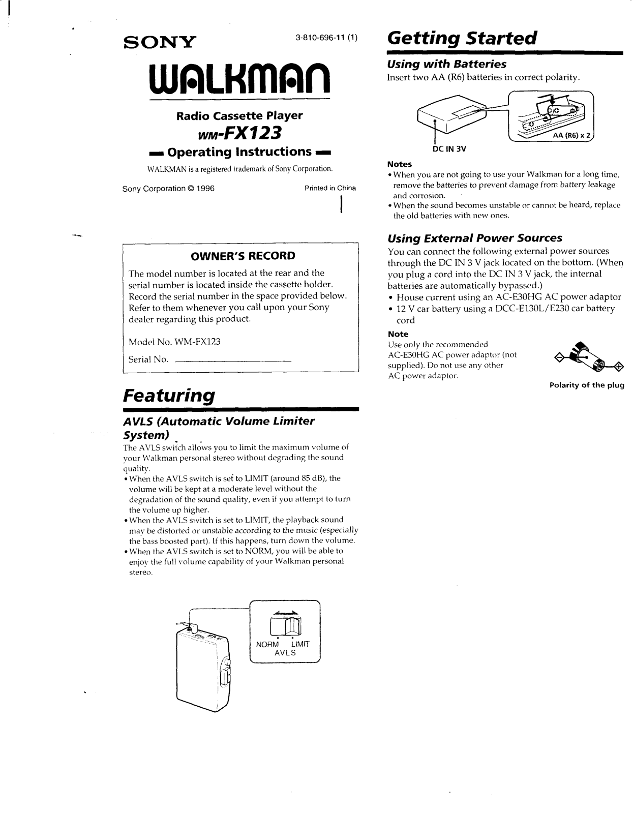 Sony WM-FX123 User Manual