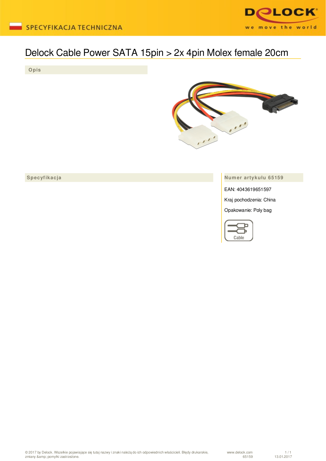 DeLOCK SATA-power adapter 15-Pin  SATA  on 2x 4-Pin  IDE , Y cable User Manual