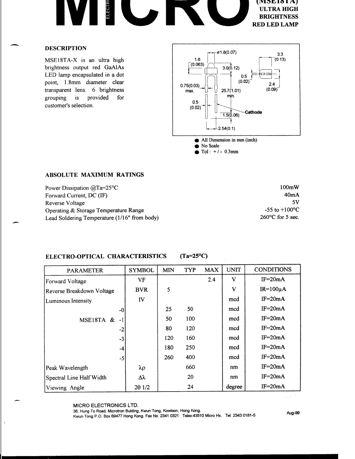 MICRO MSE18TA-3, MSE18TA-0, MSE18TA-1, MSE18TA-4, MSE18TA-5 Datasheet