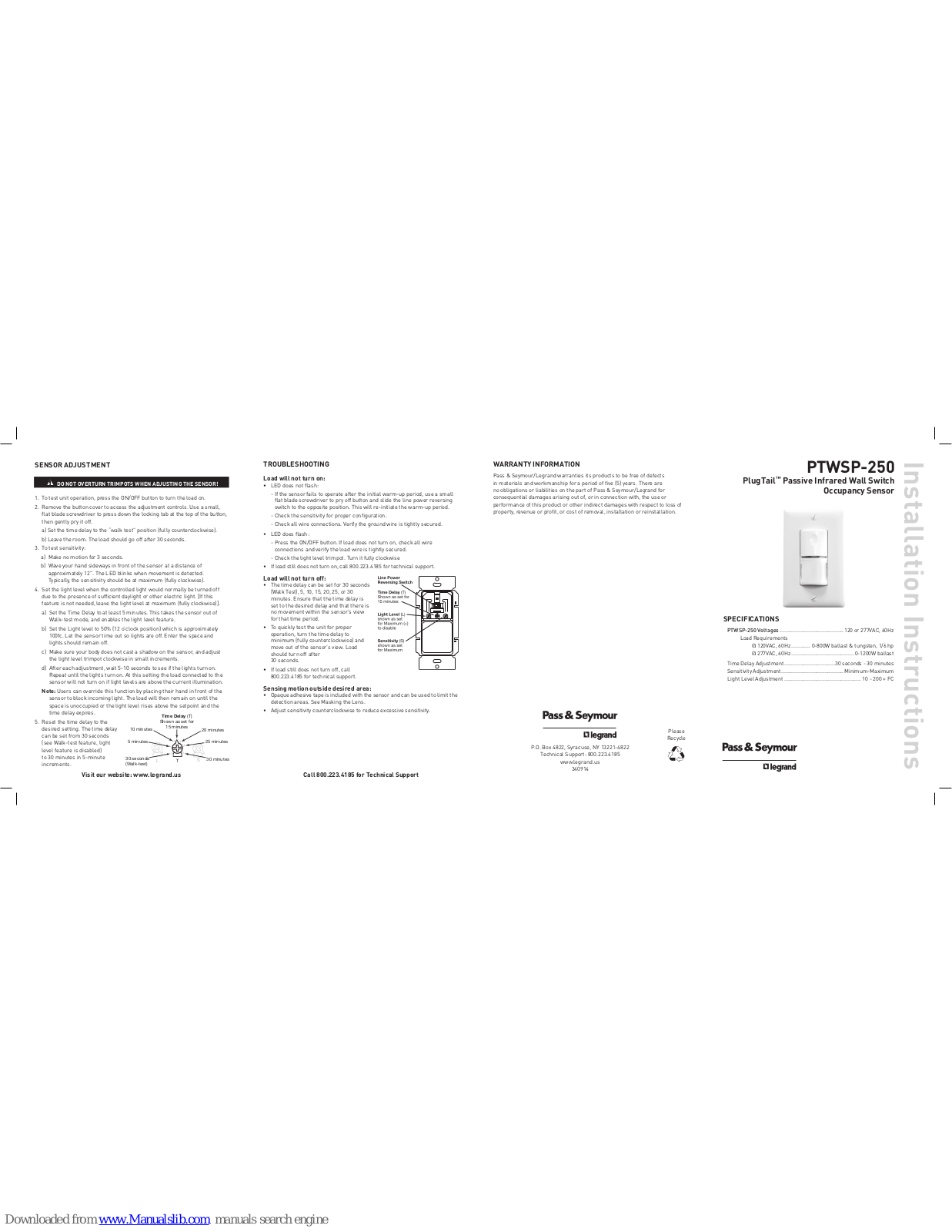 pass & seymour PTWSP-250 Installation Instructions Manual