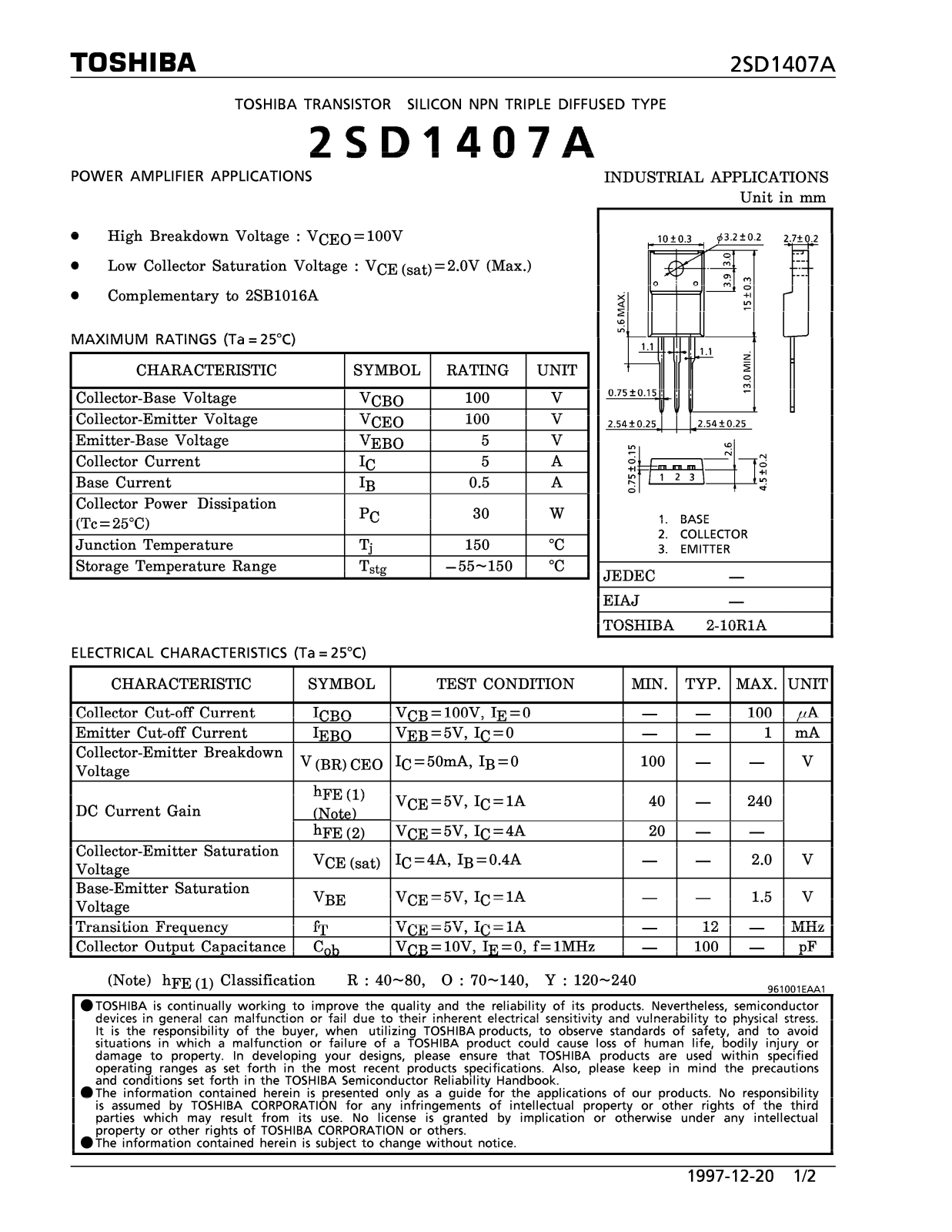 Toshiba 2SD1407A Datasheet