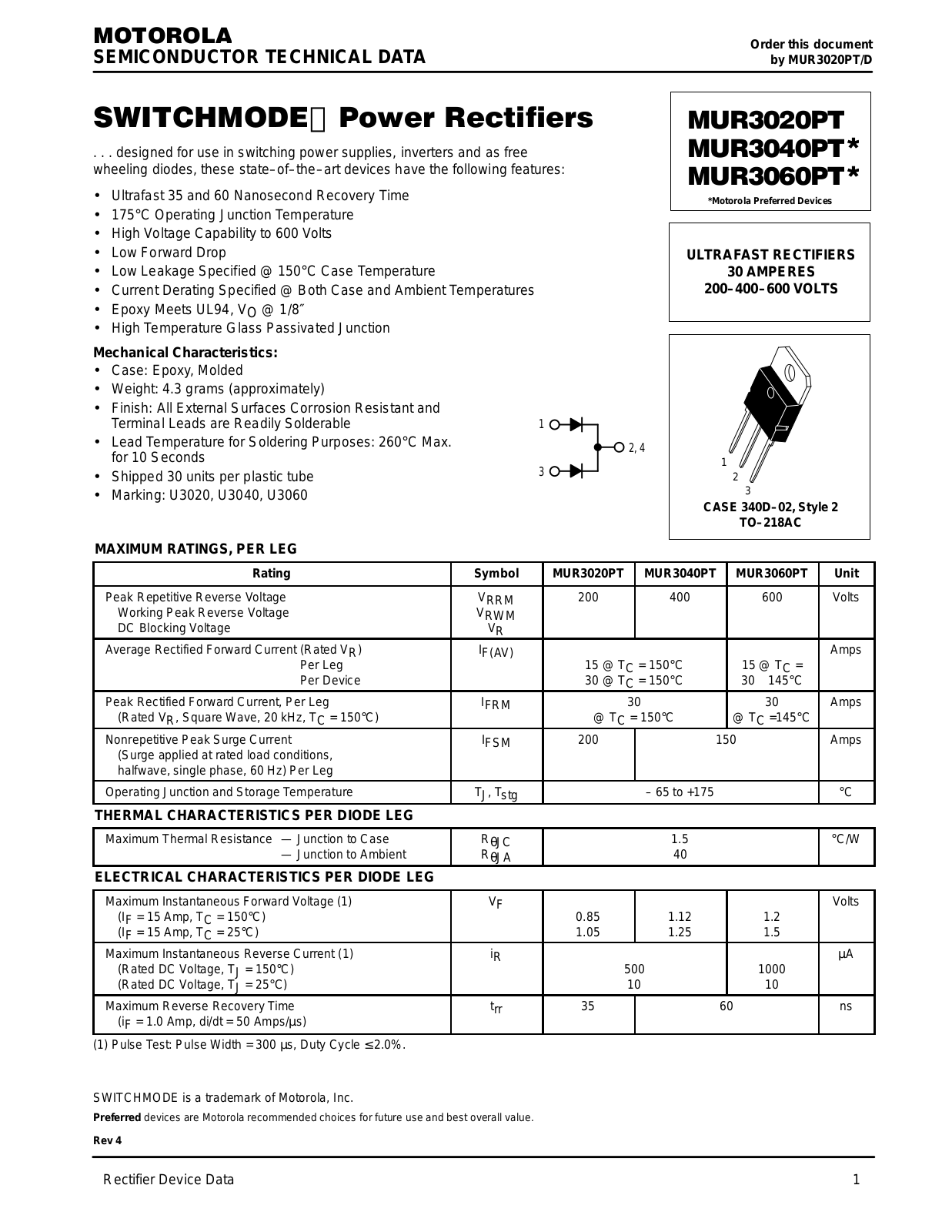 Motorola MUR3060PT, MUR3040PT, MUR3020PT Datasheet