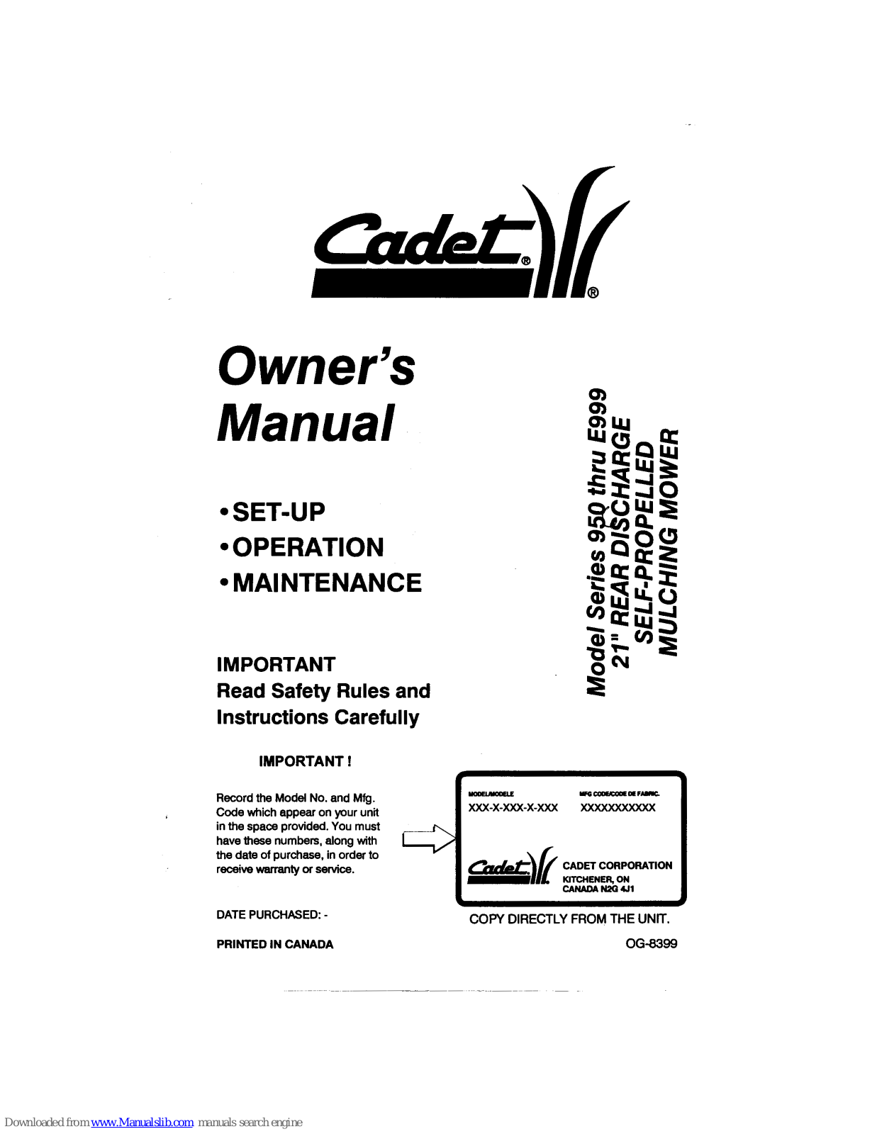 Cadet 950, 970, 960, 990 Owner's Manual - ManualMachine.com