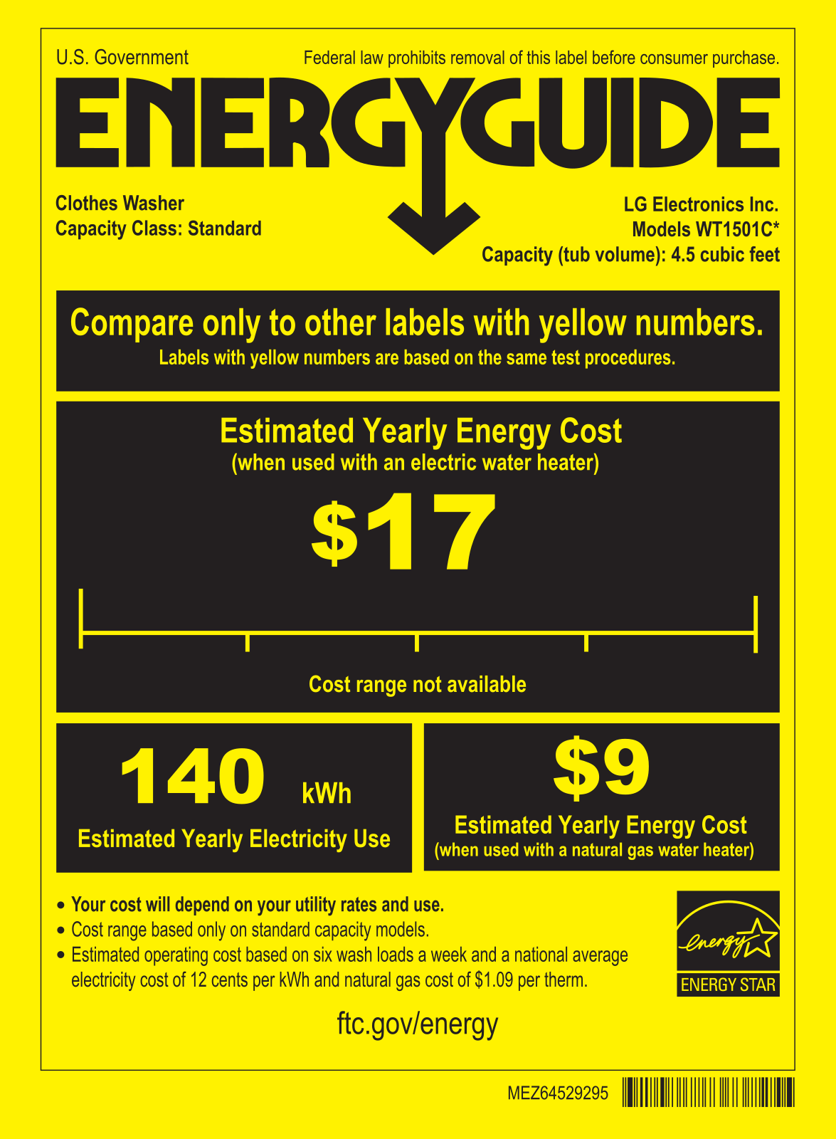 Lg WT1501CW Energy Guide