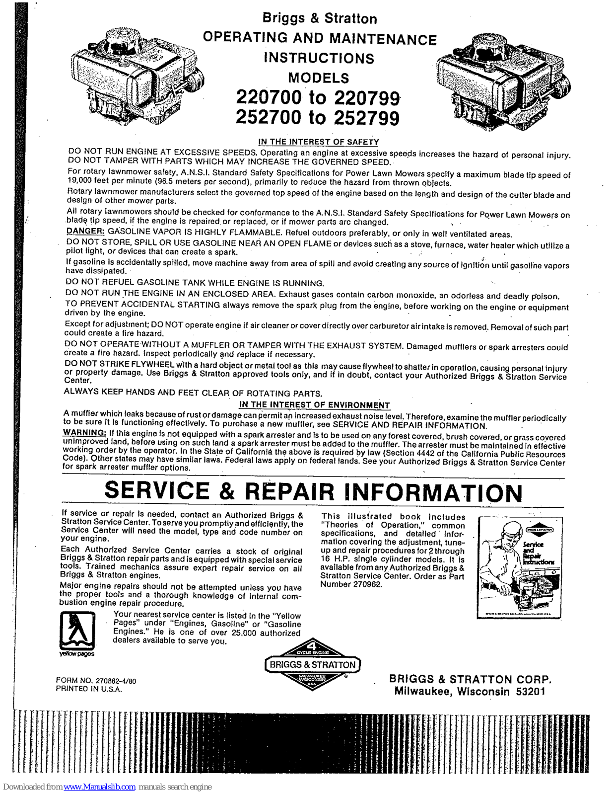 Briggs & Stratton 220700 Series, 252799, 220799, 252700 Series Operating And Maintenance Instruction Manual