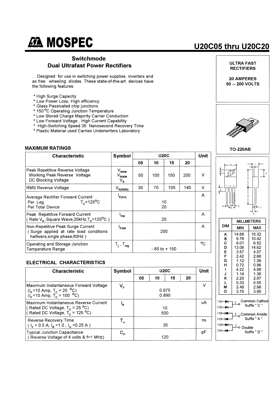 MOSPEC U20C20D, U20C20C, U20C20A, U20C15D, U20C15C Datasheet