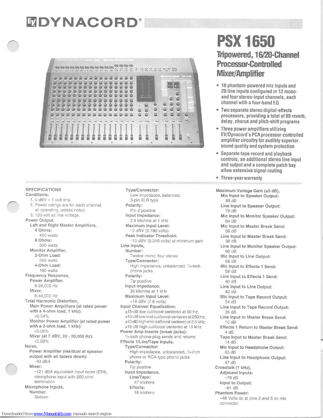 Electro-Voice Dynacord PSX 1650 Specification Sheet