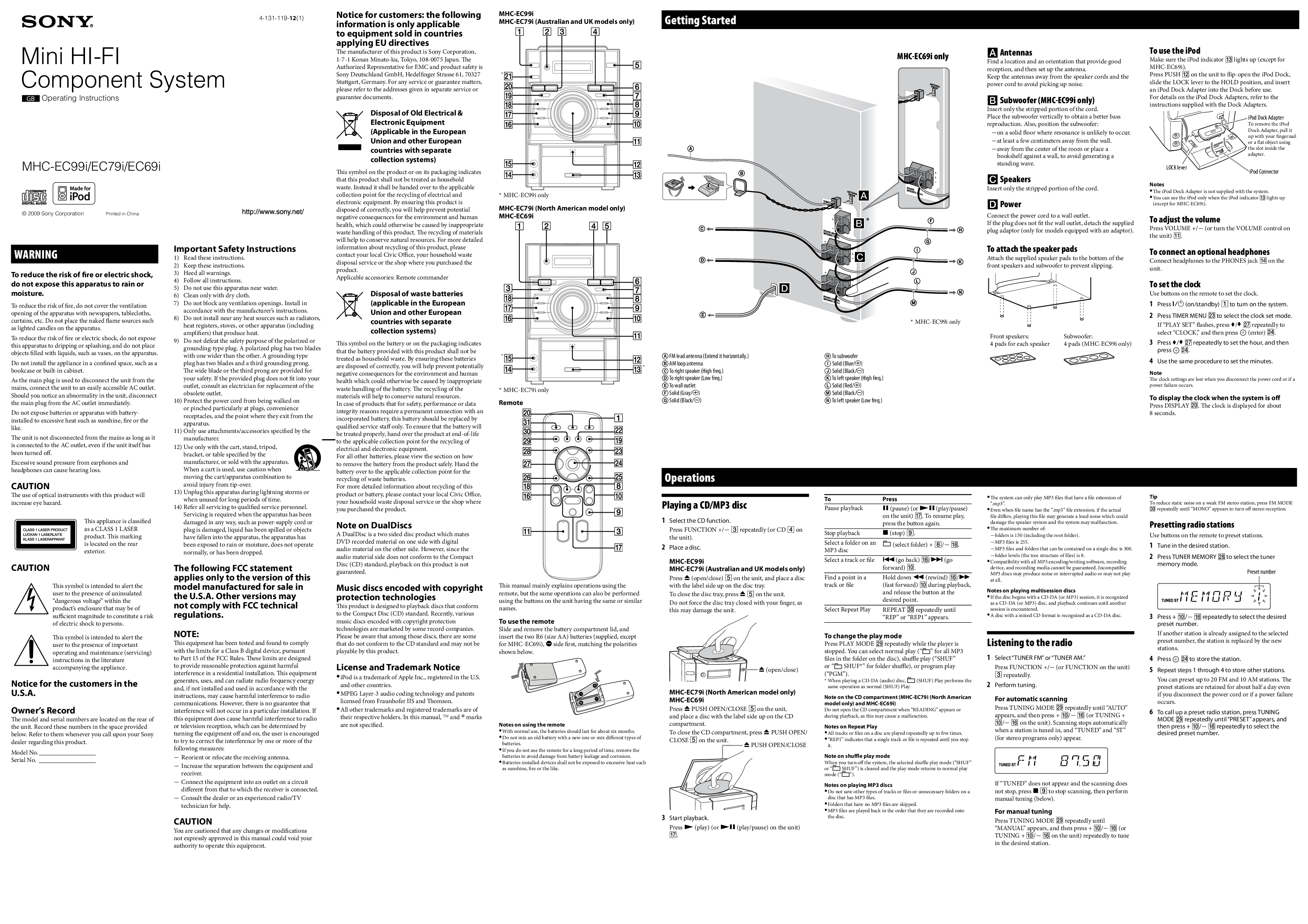 Sony MHC-EC69I, MHC-EC79I, MHC-EC99I Operating Instruction