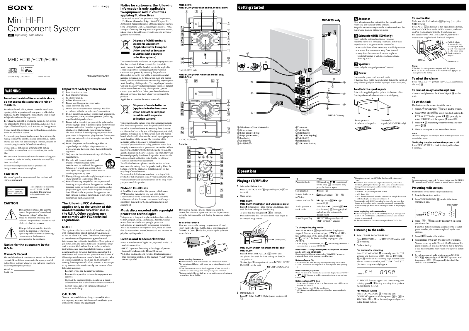 Sony MHC-EC69I, MHC-EC79I, MHC-EC99I Operating Instruction