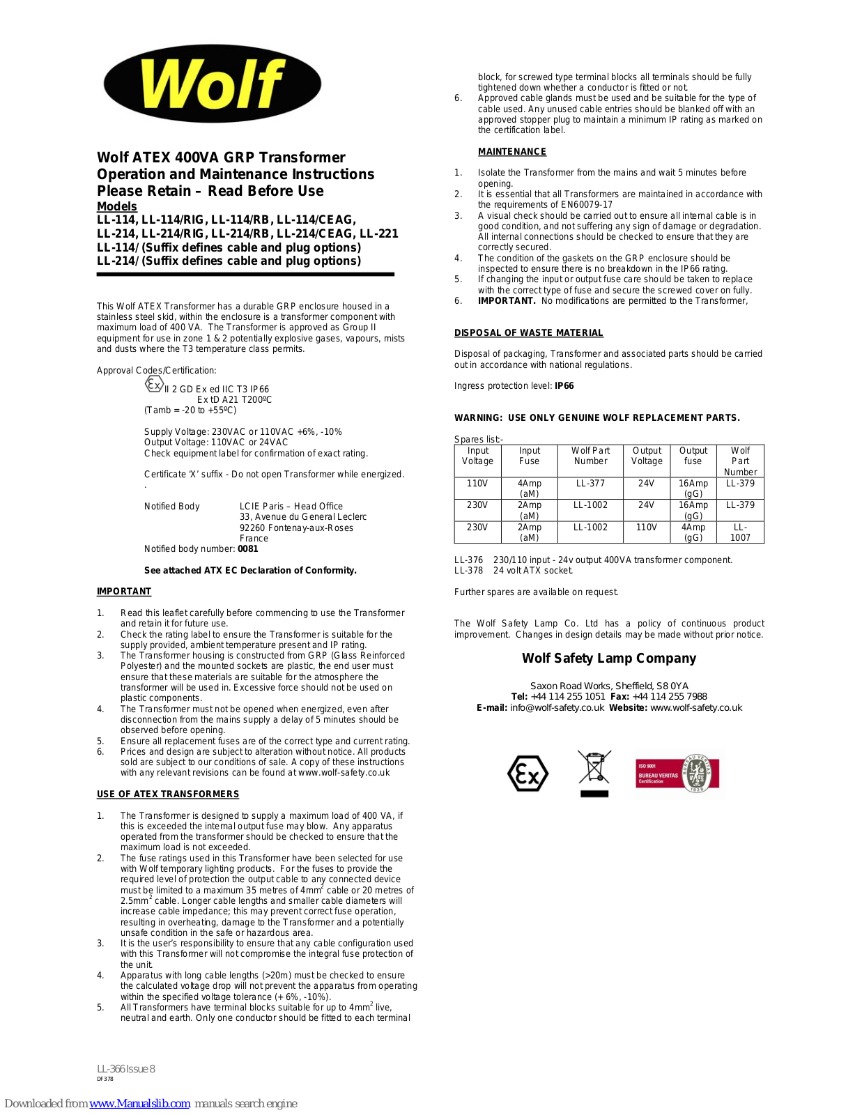 Wolf LL-114/RIG, LL-114, LL-114/RB, LL-214, LL-114/CEAG Operation And Maintenance Instructions